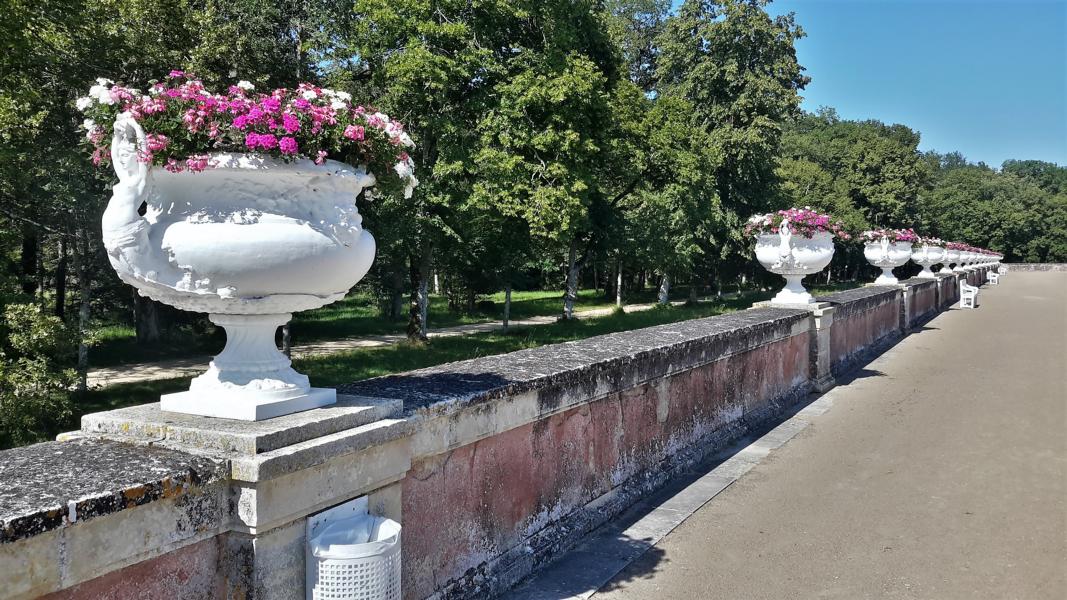 Blumenschalen verzieren die Wege auf den Terrassen.