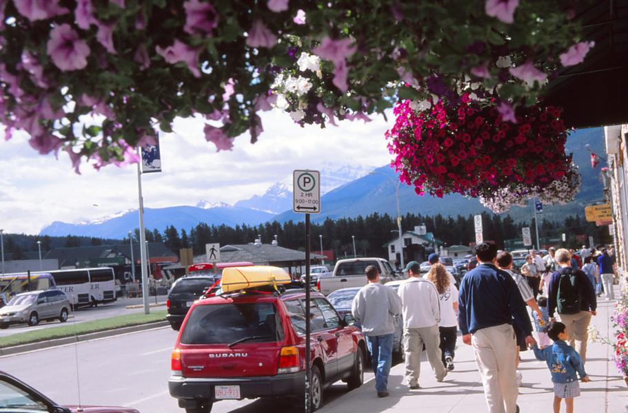 Die Blumenampeln gedeihen prächtig und dekorieren die Fußwege.