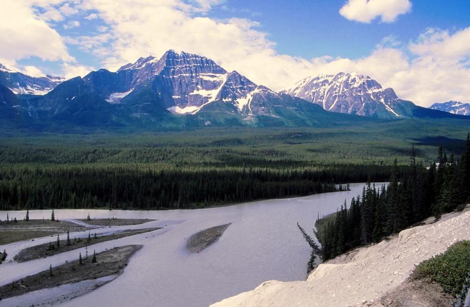 Athabasca River entspringt im südwestlichen Teil von Alberta aus den Quellbächen des Athabasca-Gletschers unweit der Grenze zur Provinz British Columbia im Jasper-Nationalpark.